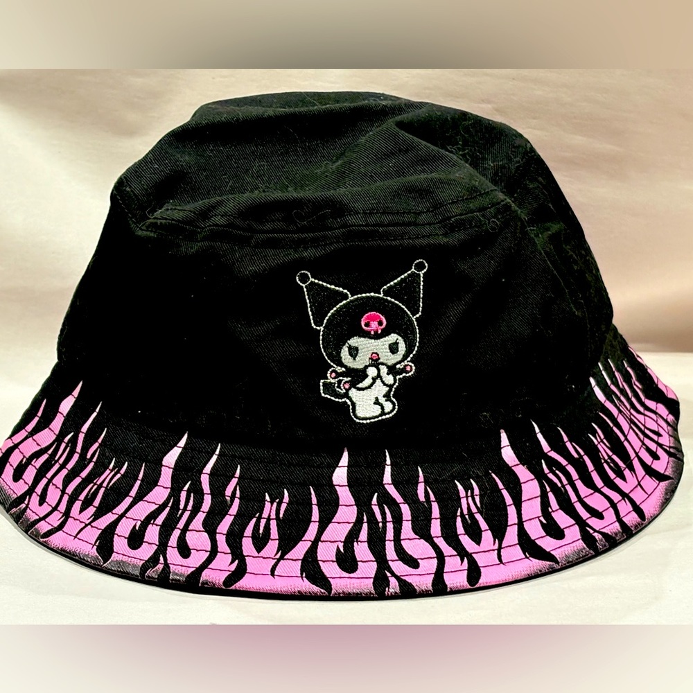 Sanrio Kuromi Black & Pink Flame Bucket Hat by Bioworld – One Size